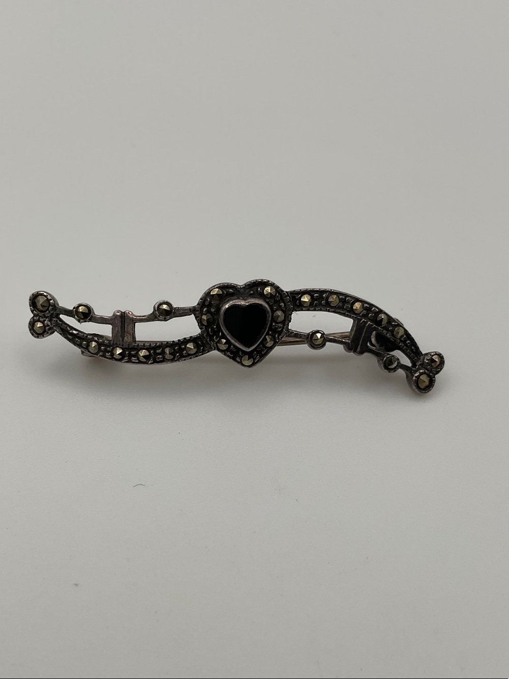Vintage-Inspired Black Onyx Heart & Marcasite Bar Brooch